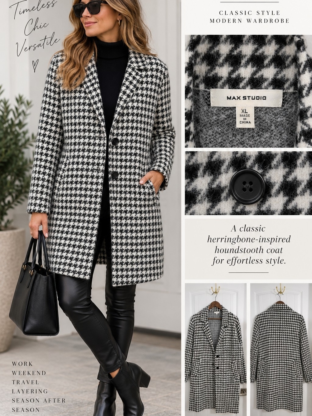 Max Studio XL Houndstooth Sweater Coat Long Cardigan Black White